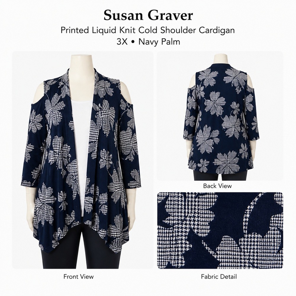 Susan Graver Black Diamond Printed Liquid‎ Knit Cold Shoulder Cardigan 3X